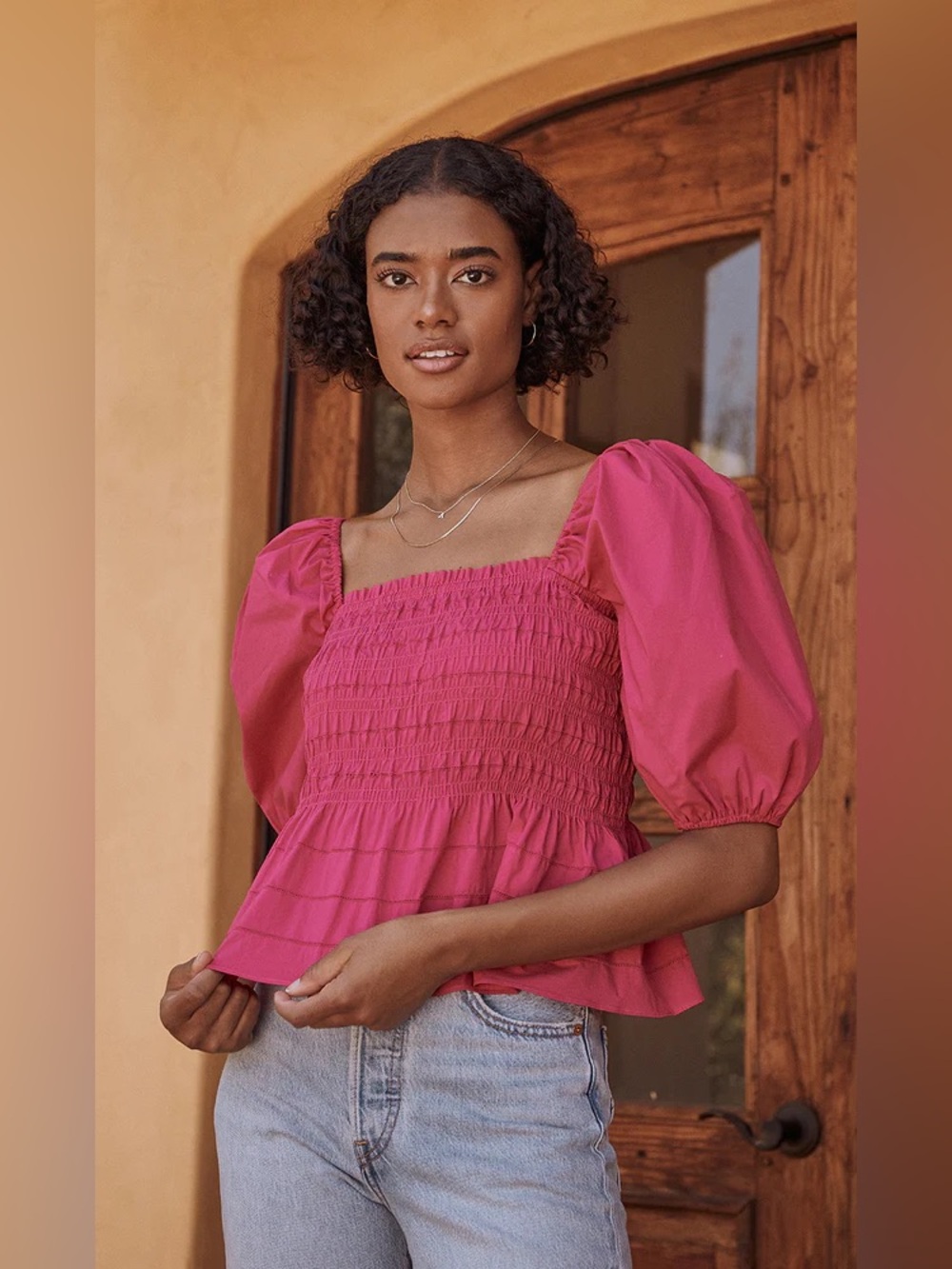 SAYLOR Blythe Top Hot Pink Smocked Peplum Puff-Sleeve Blouse Size Medium